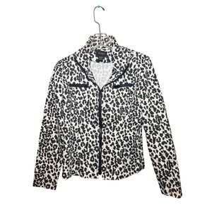 NABI Womens Small Leopard Print Full Zip Jacket Black White Textured Mock Neck